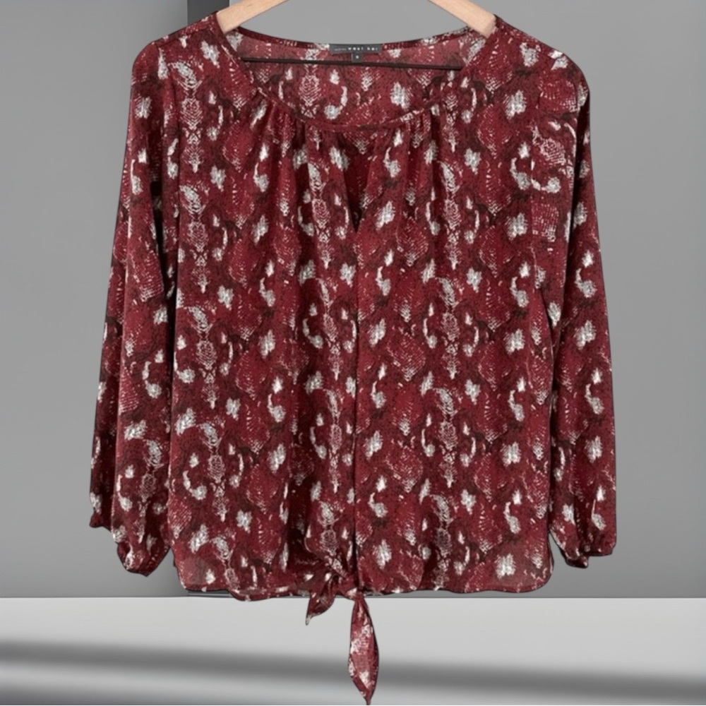 NWOT West Kei Burgundy Snake Print Front Tie Blouse Size XS